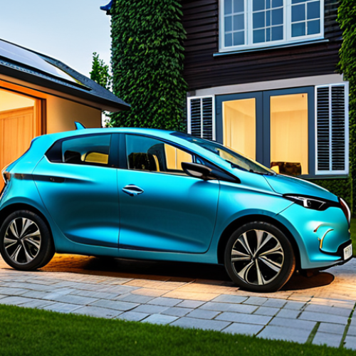 **

Renault Zoe parked in front of a modern home with solar panels, charging cable plugged in. Lush greenery, warm lighting, showcasing eco-friendly lifestyle. Keywords: electric vehicle, home charging, sustainable living, EV, environmental awareness.

**