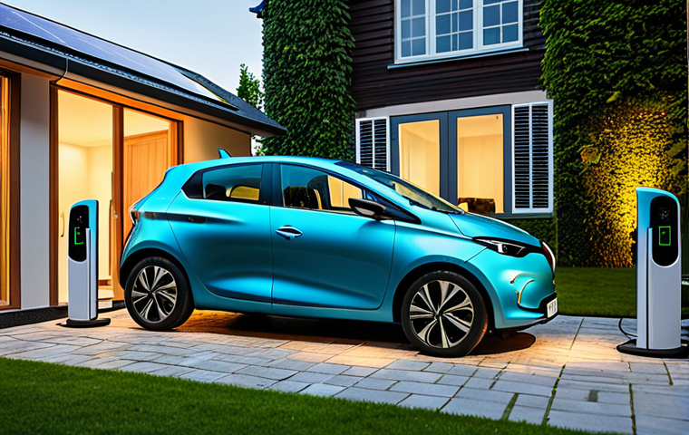 **

Renault Zoe parked in front of a modern home with solar panels, charging cable plugged in. Lush greenery, warm lighting, showcasing eco-friendly lifestyle. Keywords: electric vehicle, home charging, sustainable living, EV, environmental awareness.

**