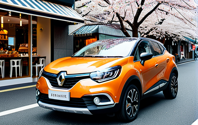**

A stylish, two-tone Renault Captur parked in front of a trendy café in Tokyo. A young woman, fully clothed in fashionable, modest clothing, smiles as she exits the car. Cherry blossoms softly fall in the background. Professional quality, safe for work, appropriate content, perfect anatomy, natural proportions, family-friendly.

**