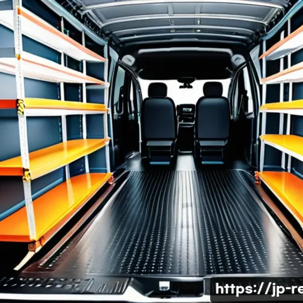 르노 마스터의 적재 공간 활용 팁 - A spacious cargo van interior organized with distinct zones for different types of items: heavy tool...