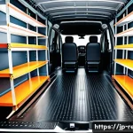 르노 마스터의 적재 공간 활용 팁 - A spacious cargo van interior organized with distinct zones for different types of items: heavy tool...