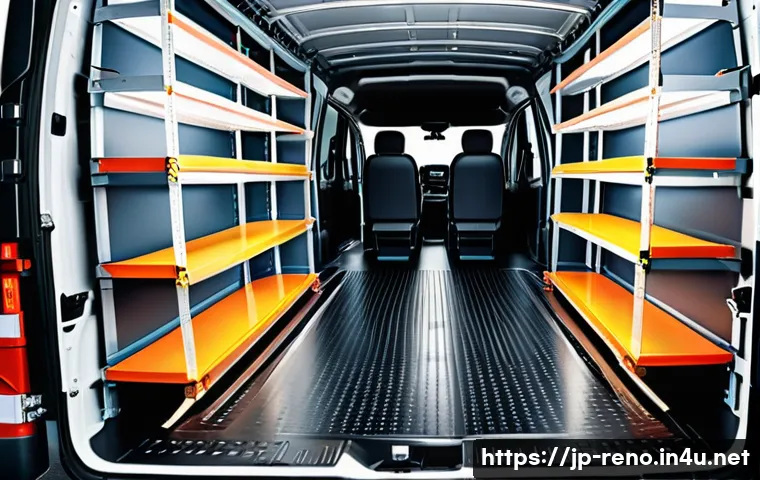 르노 마스터의 적재 공간 활용 팁 - A spacious cargo van interior organized with distinct zones for different types of items: heavy tool...