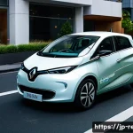 르노 조에의 친환경 인증 - A sleek Renault Zoe electric car parked in a modern Japanese urban setting during early morning, sho...