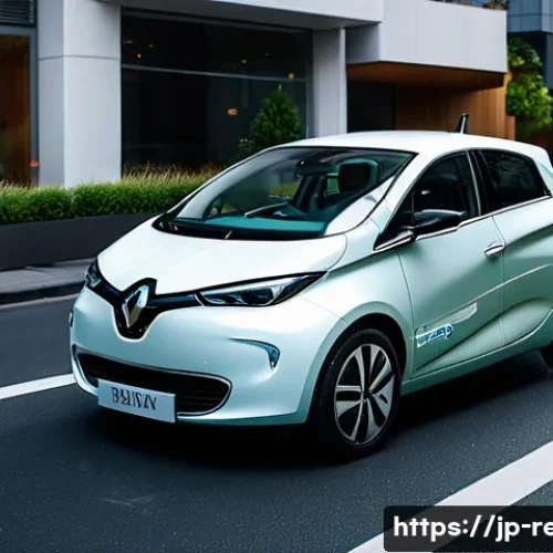 르노 조에의 친환경 인증 - A sleek Renault Zoe electric car parked in a modern Japanese urban setting during early morning, sho...
