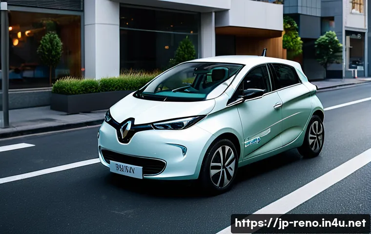 르노 조에의 친환경 인증 - A sleek Renault Zoe electric car parked in a modern Japanese urban setting during early morning, sho...