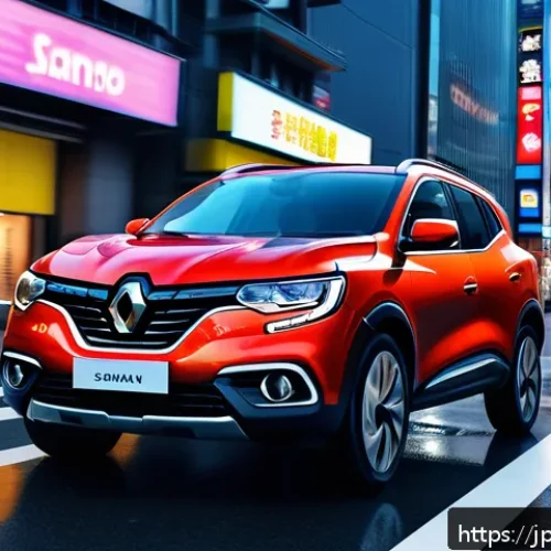 르노 삼성 QM6의 최신 안전 기능 - A modern Renault Samsung QM6 SUV navigating a busy urban street at dusk, showcasing its advanced col...
