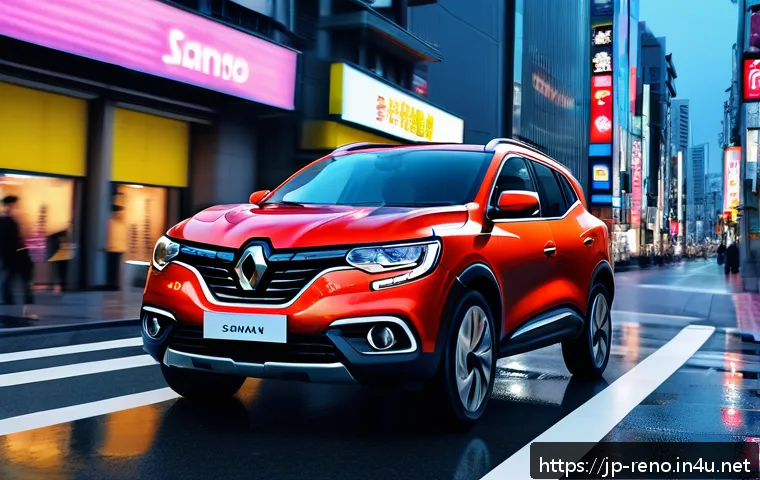 르노 삼성 QM6의 최신 안전 기능 - A modern Renault Samsung QM6 SUV navigating a busy urban street at dusk, showcasing its advanced col...