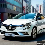 르노 메간 하이브리드의 경제성 분석 - A sleek Renault Megane Hybrid car driving smoothly through a busy modern Japanese city street during...