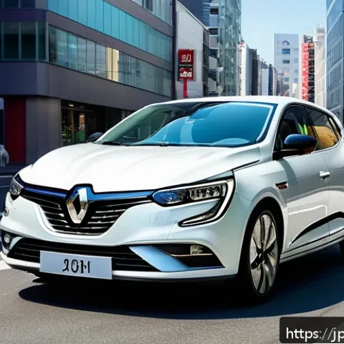 르노 메간 하이브리드의 경제성 분석 - A sleek Renault Megane Hybrid car driving smoothly through a busy modern Japanese city street during...