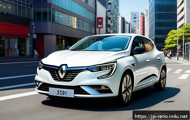 르노 메간 하이브리드의 경제성 분석 - A sleek Renault Megane Hybrid car driving smoothly through a busy modern Japanese city street during...