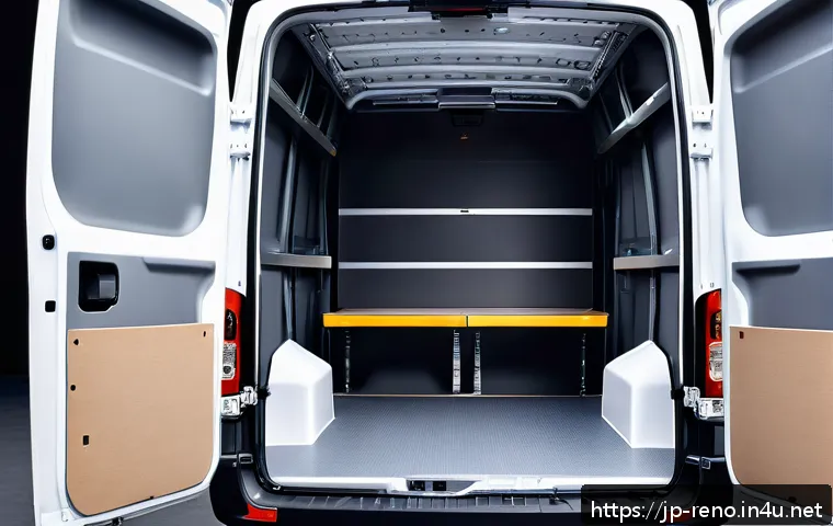 르노 마스터 밴의 적재 능력 - A spacious Renault Master van cargo interior with a wide, flat floor covered in non-slip material, s...