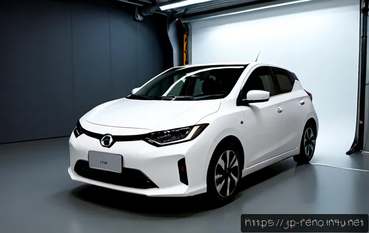 르노 조에의 공기역학 설계 - Photorealistic compact electric hatchback with no badges or logos, parked in a clean wind-tunnel tes...