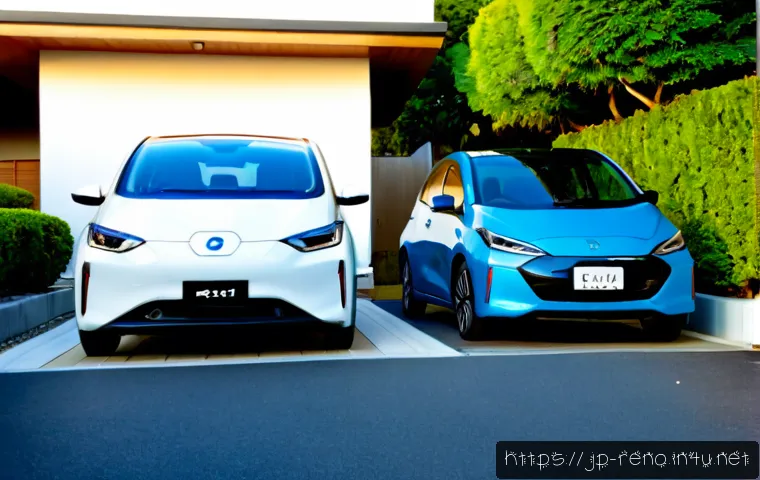 르노 조에와 테슬라 모델 3 비교 - Photorealistic side-by-side comparison of two compact electric cars parked in a clean modern Japanes...