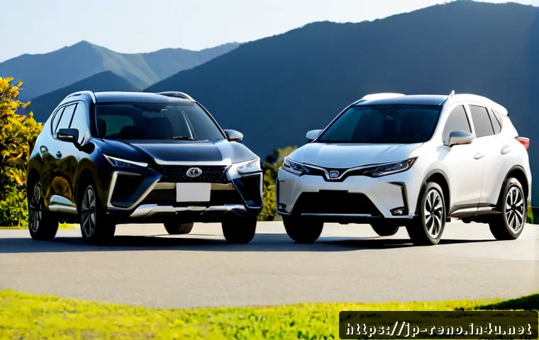 르노 캡처와 쉐보레 트레일블레이저 비교 - Photorealistic side-by-side comparison of two modern compact crossover SUVs, one sleek urban-styled ...